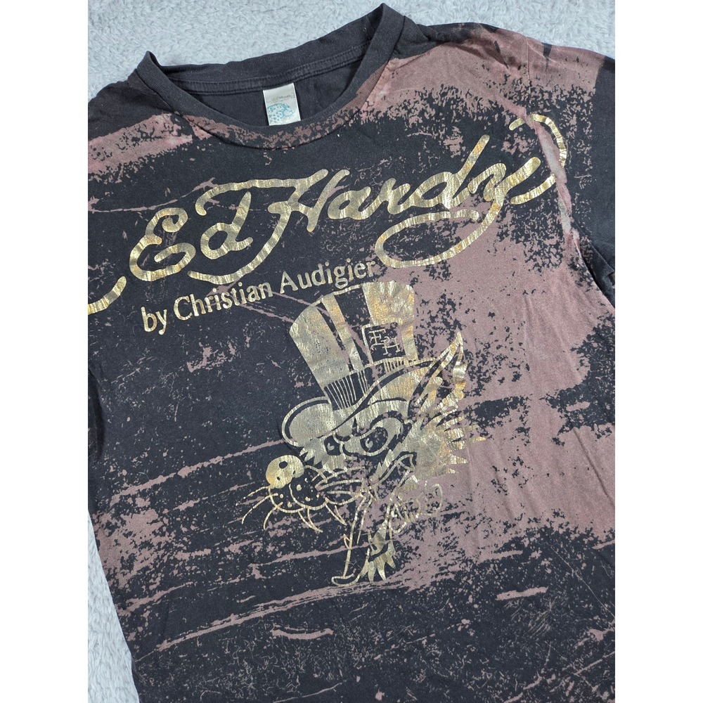 Ed Hardy Graphic T-Shirt Kids XL Black Brown Gold Kids Tattoo Tiger Foil Tee